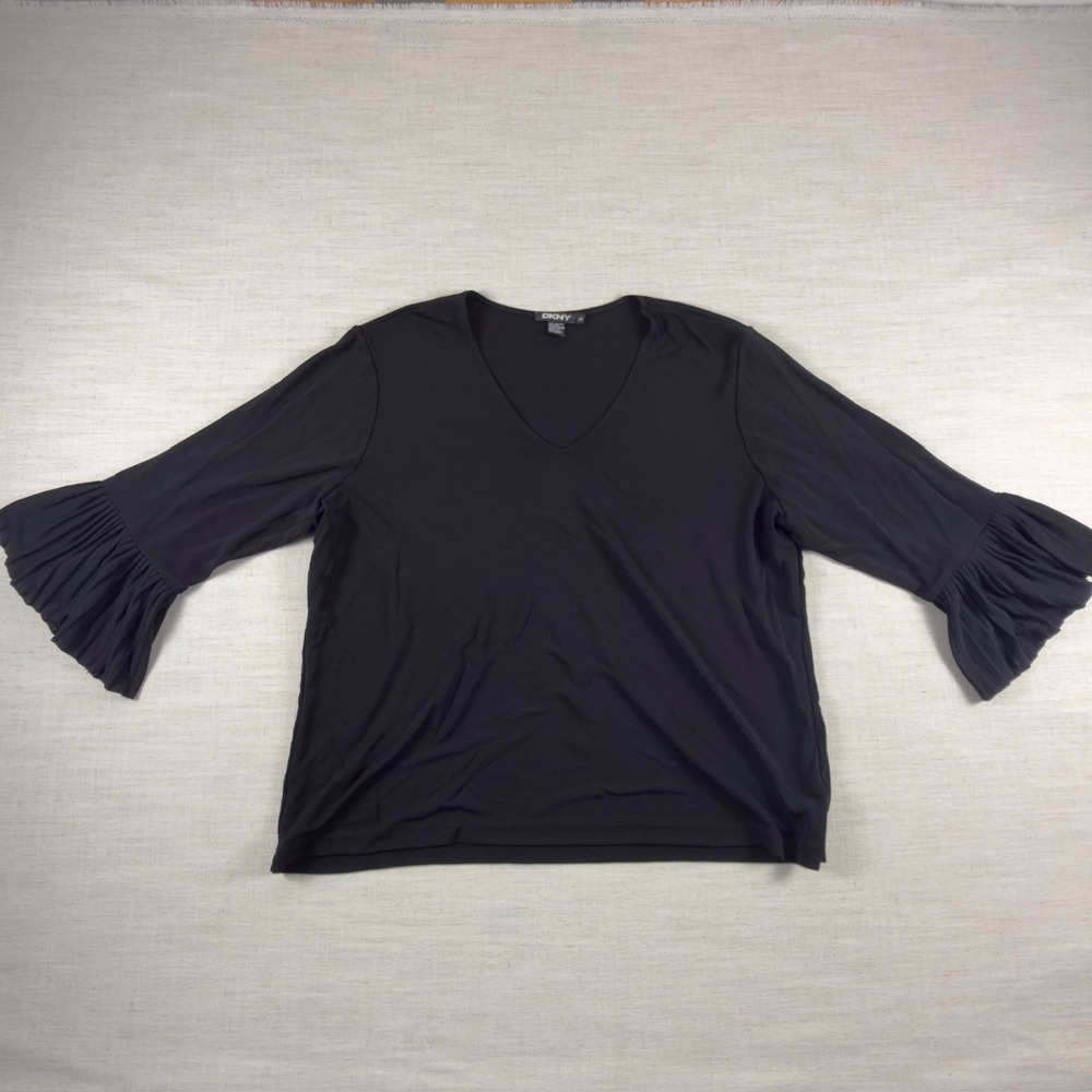 DKNY Black V-Neck Ruffle Cuff Sleeve Top Plus Size 2X Rayon Blend Jersey